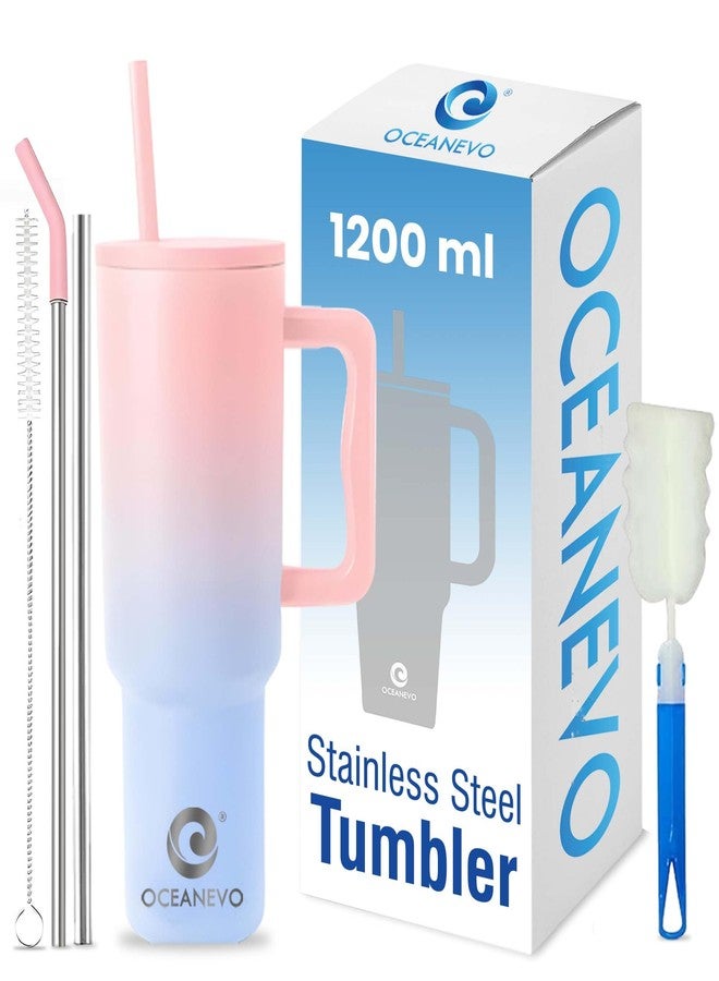 OCEANEVO 1200 ML Stainless Steel Tumbler with Lid and 3 Straws, Double Insulated Cup with Handle for Hot and Cold, 100% Leakproof Mug for Office, Gym and Travel - Pink and Blue - Image 1